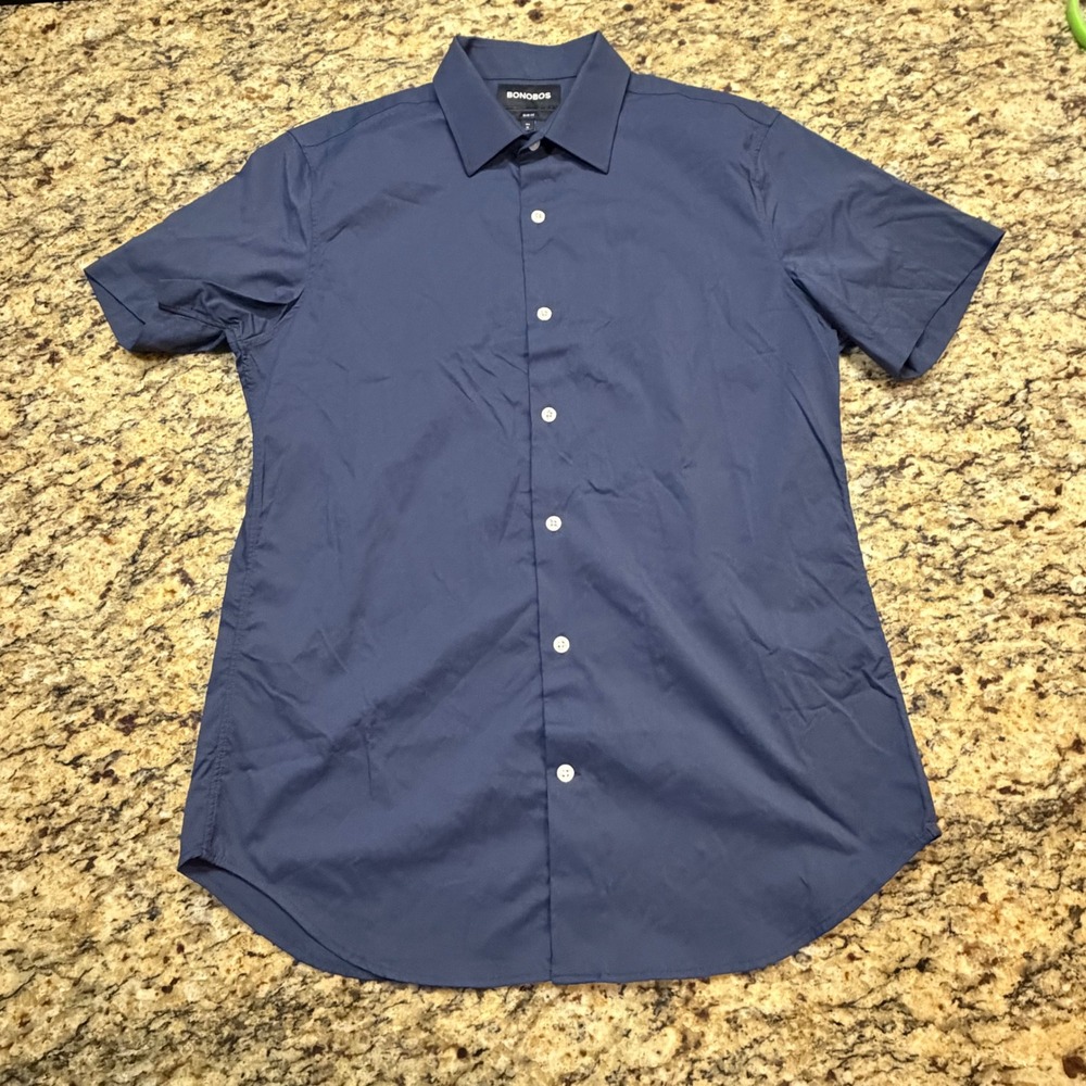 Bonobos Mens Slim Fit Short Sleeve Button Down Shirt Navy Blue Size M Regular ws